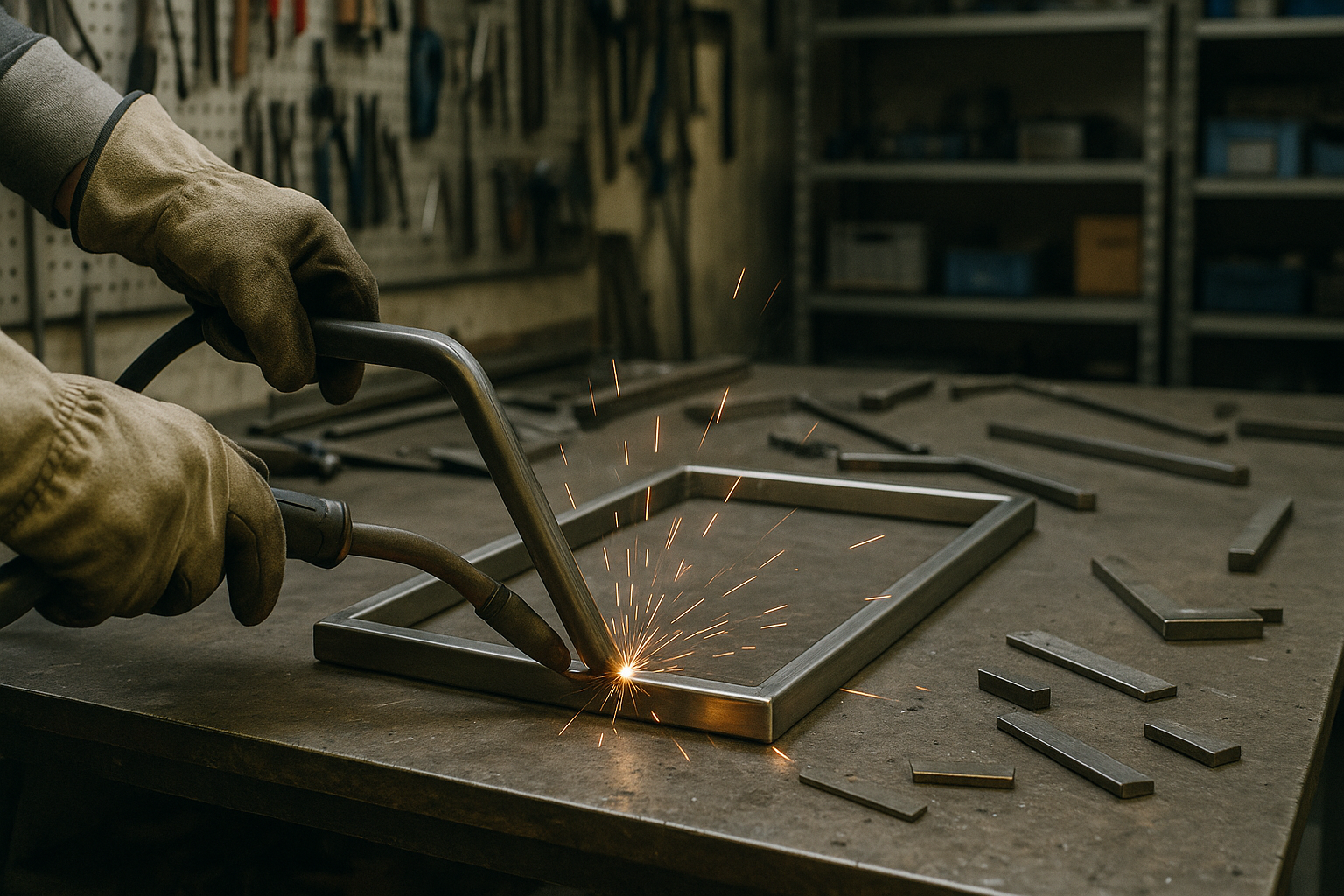 Zusammenbau eines Metallrahmens auf dem Arbeitstisch